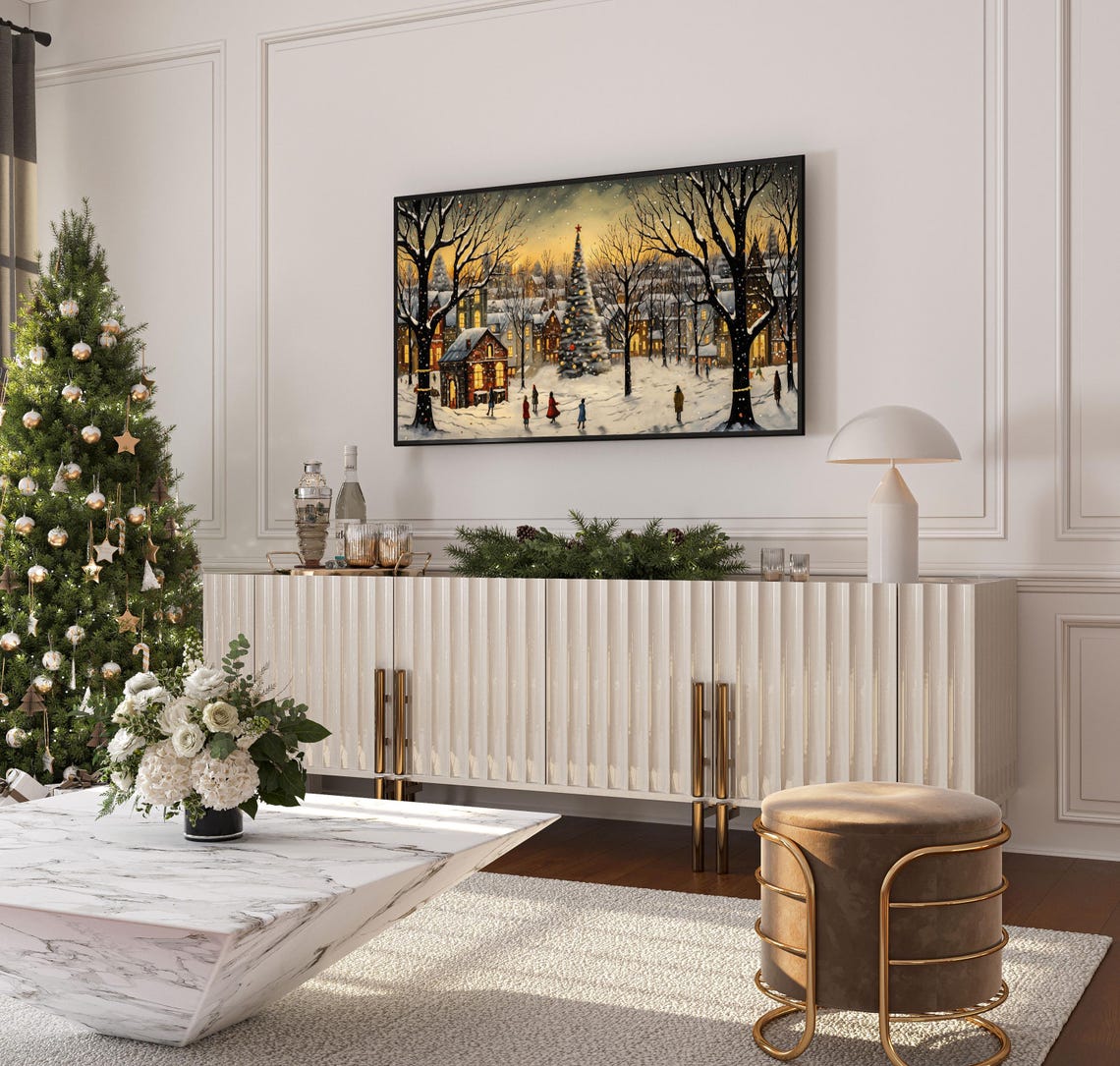Snowy Christmas Village Square Tree Dusk Winter Town Scene Poster - Image 4