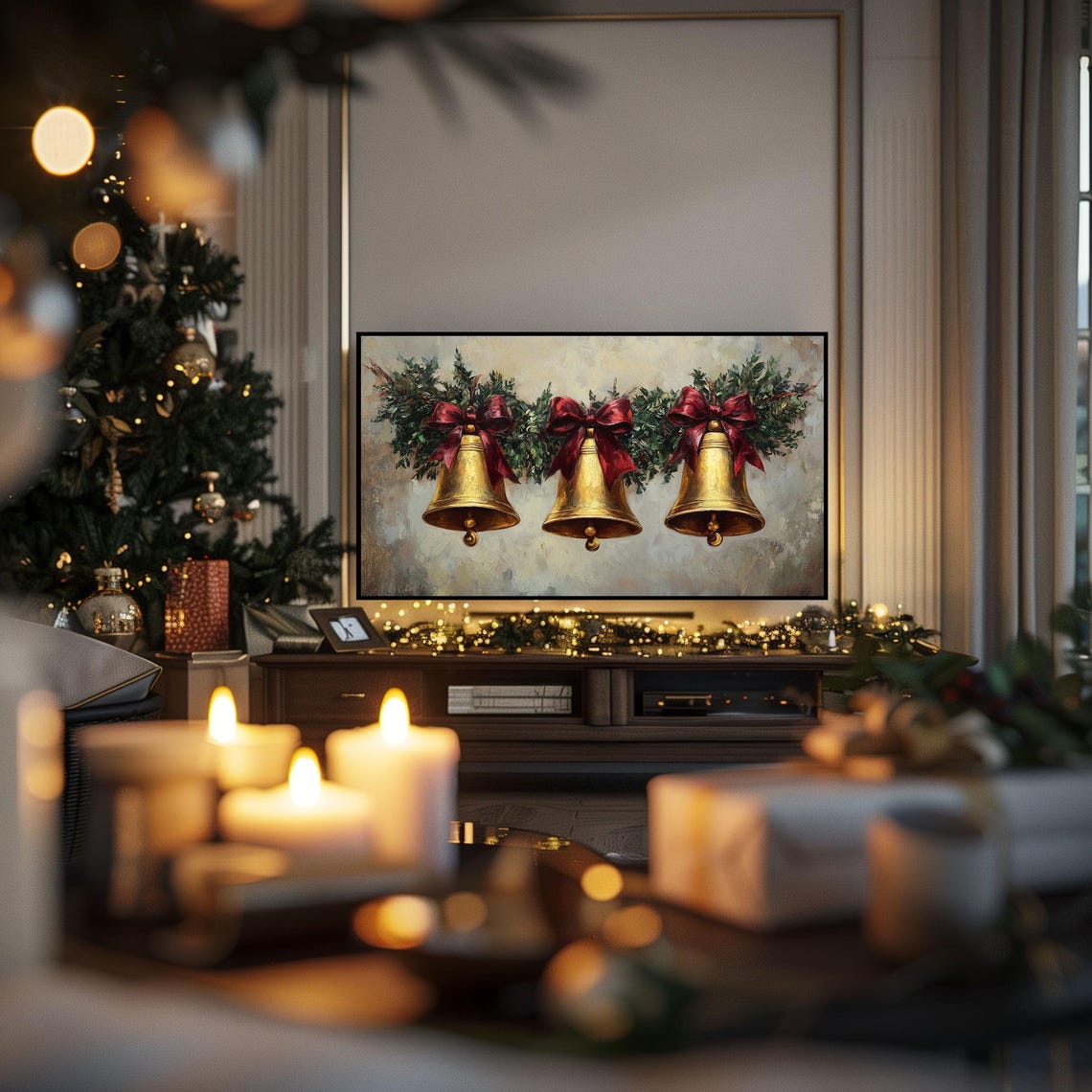Golden Holiday Bells Christmas Frame TV Art Festive Garland Poster - Image 3