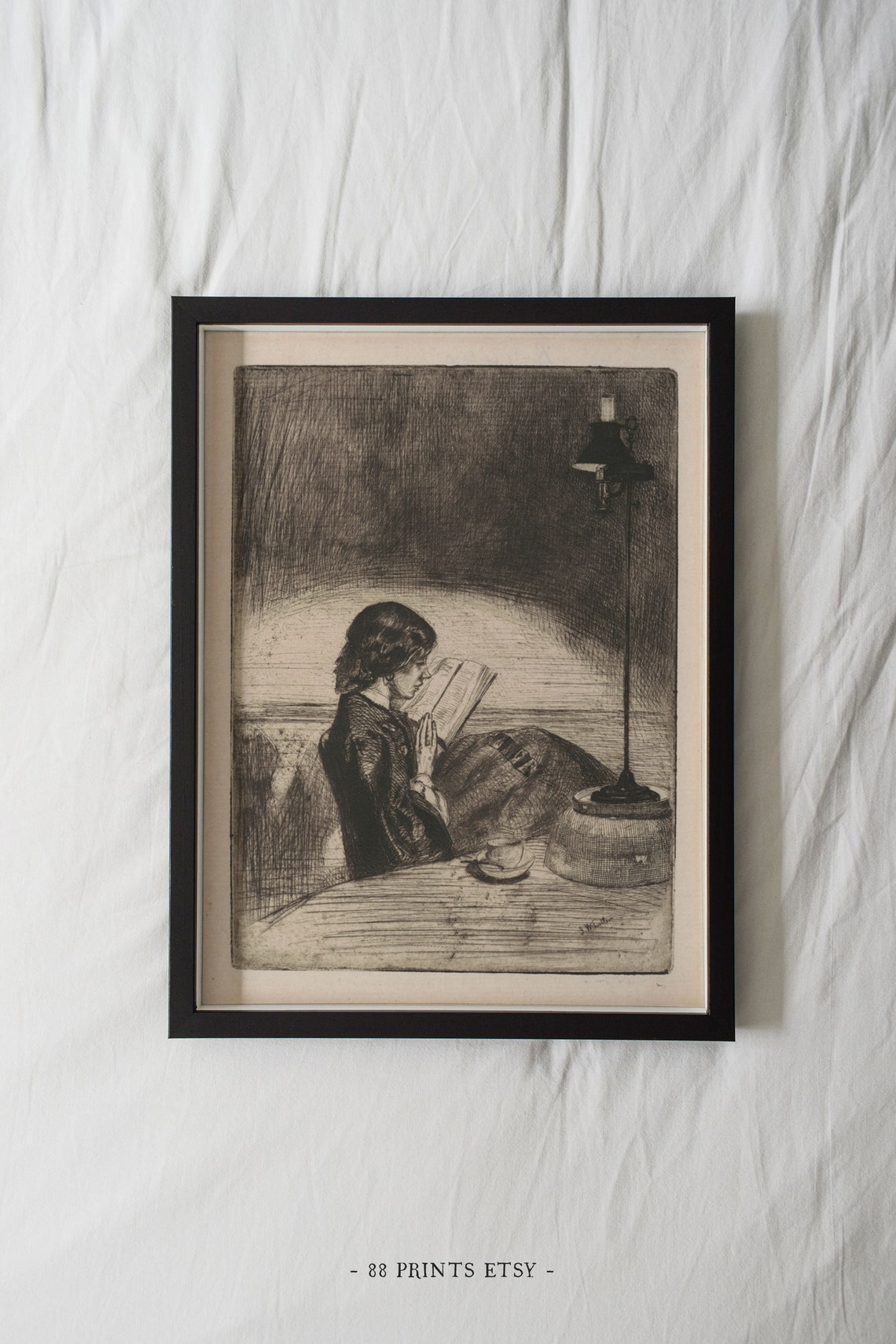 Vintage Woman Reading by Lamplight Etching Dark Academia Poster - Image 3
