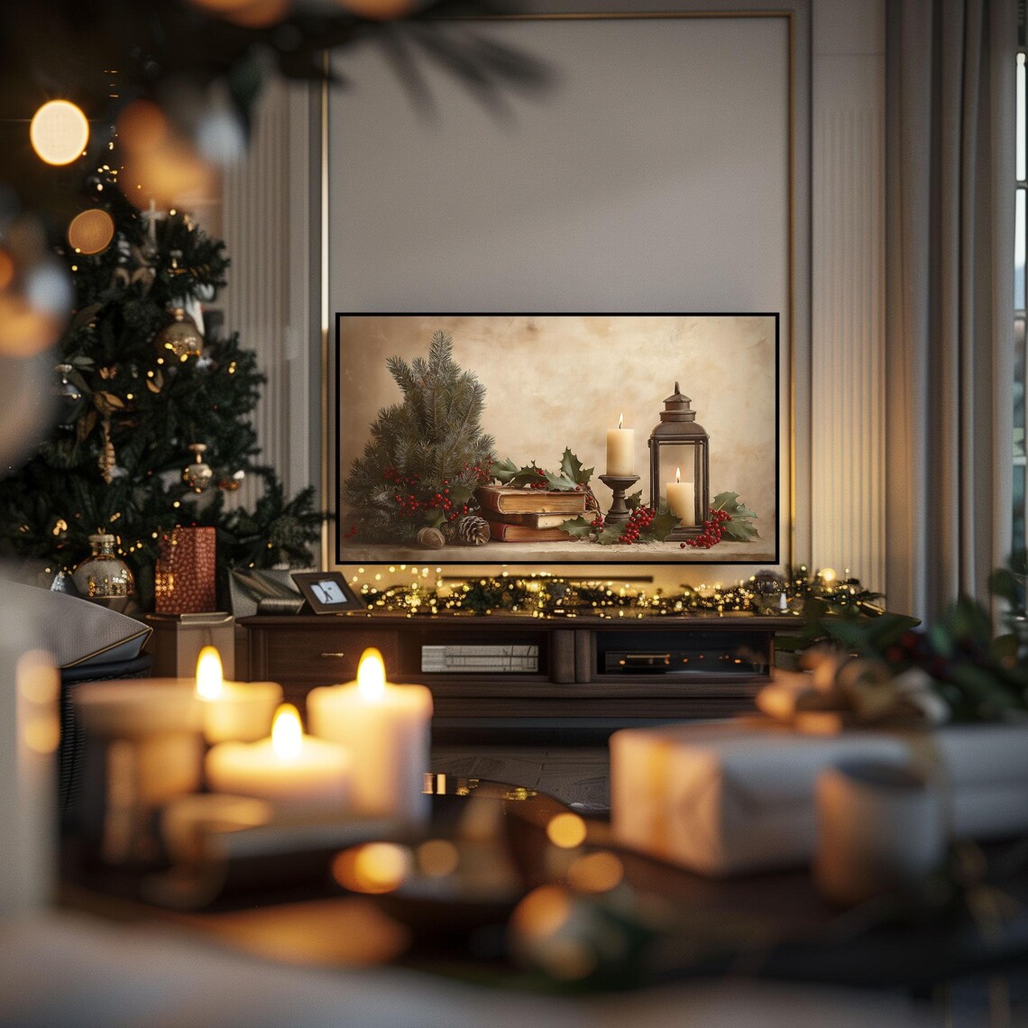 Cozy Christmas Candle Lantern Still Life Vintage Holiday Poster - Image 3