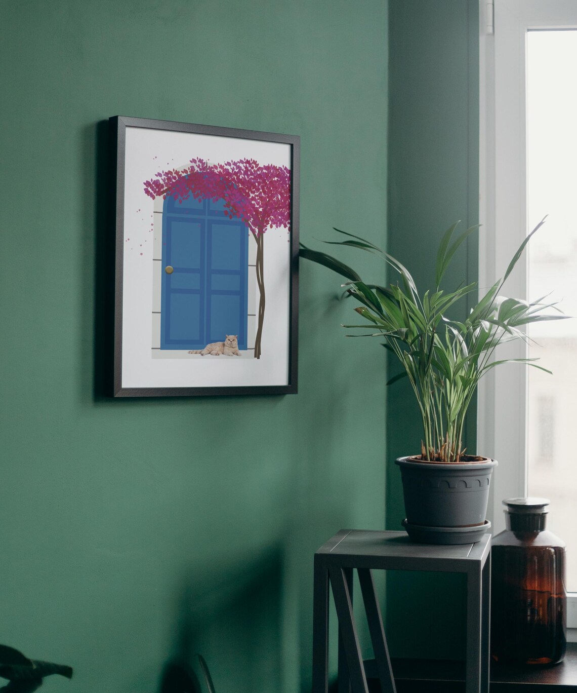 Blue Door Bliss, Relaxing Cat And Flowered Tree - Image 2