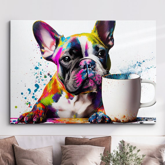 French Bulldog With Coffee Mug Dog Pet Abstract Modern Painting Wall Art Framed Canvas Poster Print Home Kitchen Office Room Decor Gifts