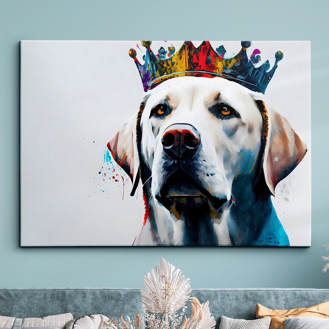 Regal Dog Wearing a Golden Crown Watercolor Portrait Art Poster