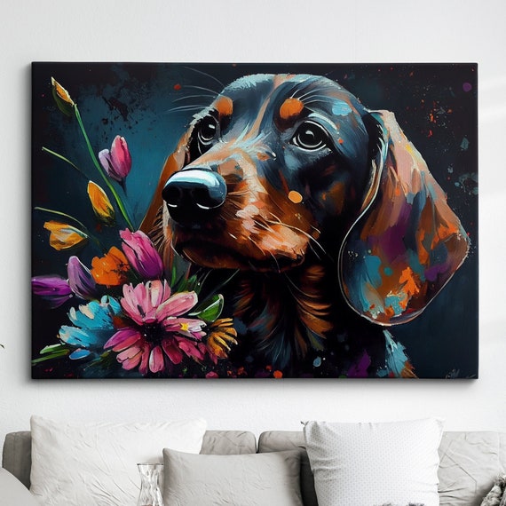 Sausage Dog With Flowers Abstract Pet Modern Painting Wall Art Framed Canvas Poster Print Home Office Room Decor Gifts