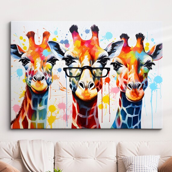 Colorful Giraffe Family Glasses Abstract Oil Painting Style Wall Art Framed Canvas Poster Print Home Kitchen Office Room Decor Gifts