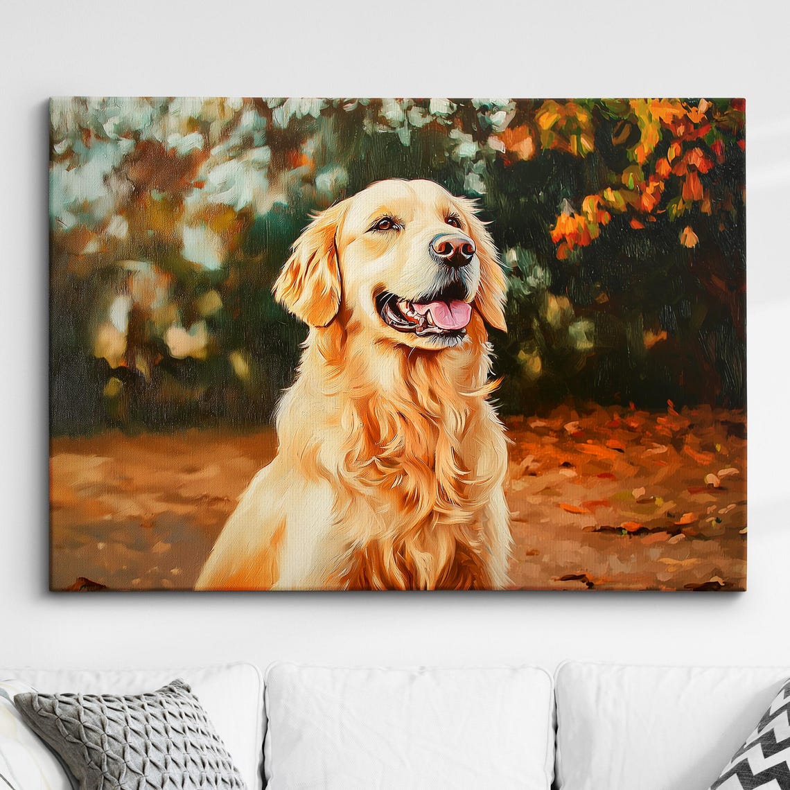 Golden Retriever Autumn Park Portrait Happy Dog Oil Painting Poster