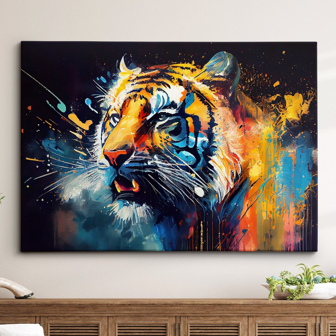 Fierce Tiger Head Colorful Splatter Art On Black Background Poster