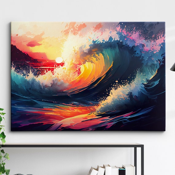 Crashing Colourful Waves Beach Ocean Abstract Oil Painting Wall Art Framed Canvas Poster Print Home Kitchen Office Room Decor Gifts