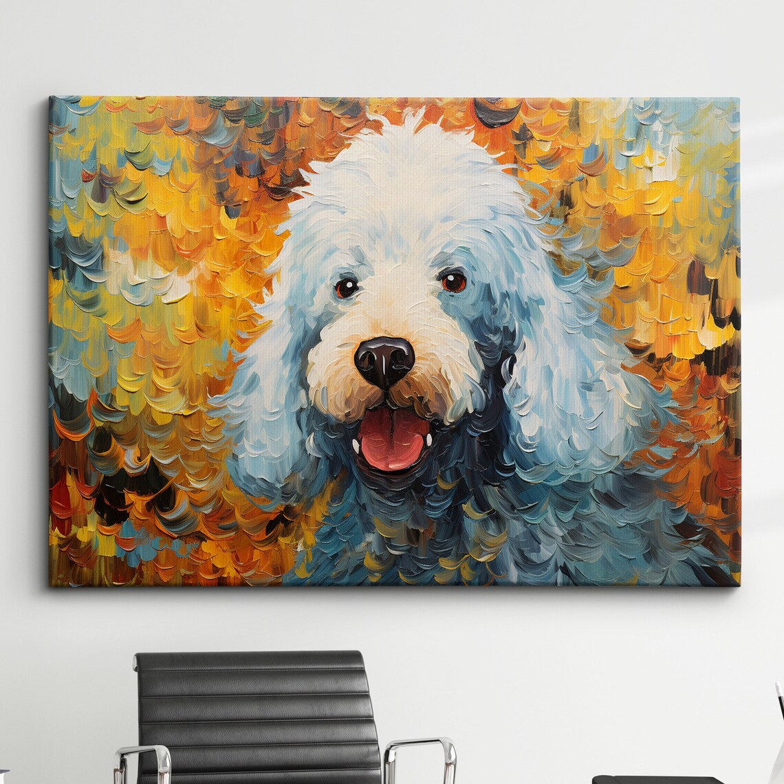 Happy Poodle Dog Smiling Impasto Oil Painting Orange Wall Art