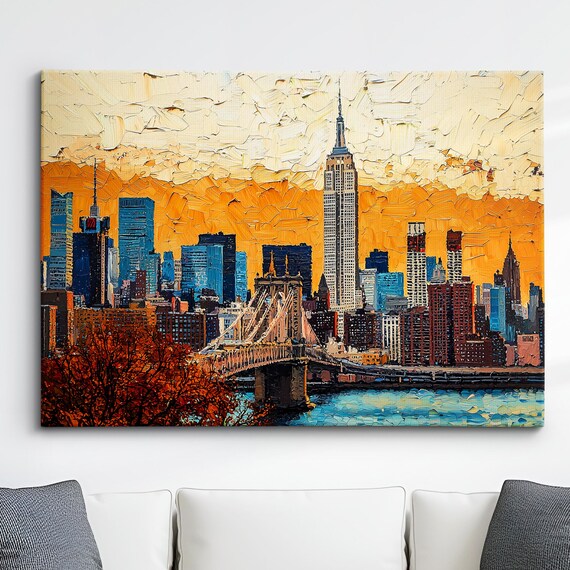 New York City Skyline Brooklyn Bridge Sunset Impasto Oil Painting Poster