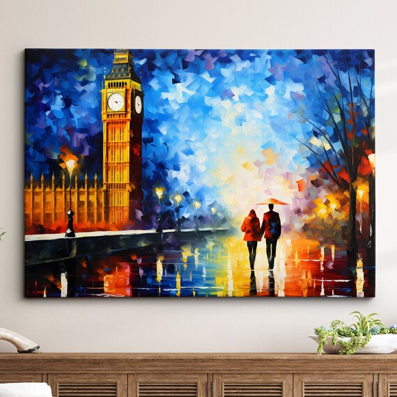 Big Ben at Night with Couple Walking Umbrella London Art Poster