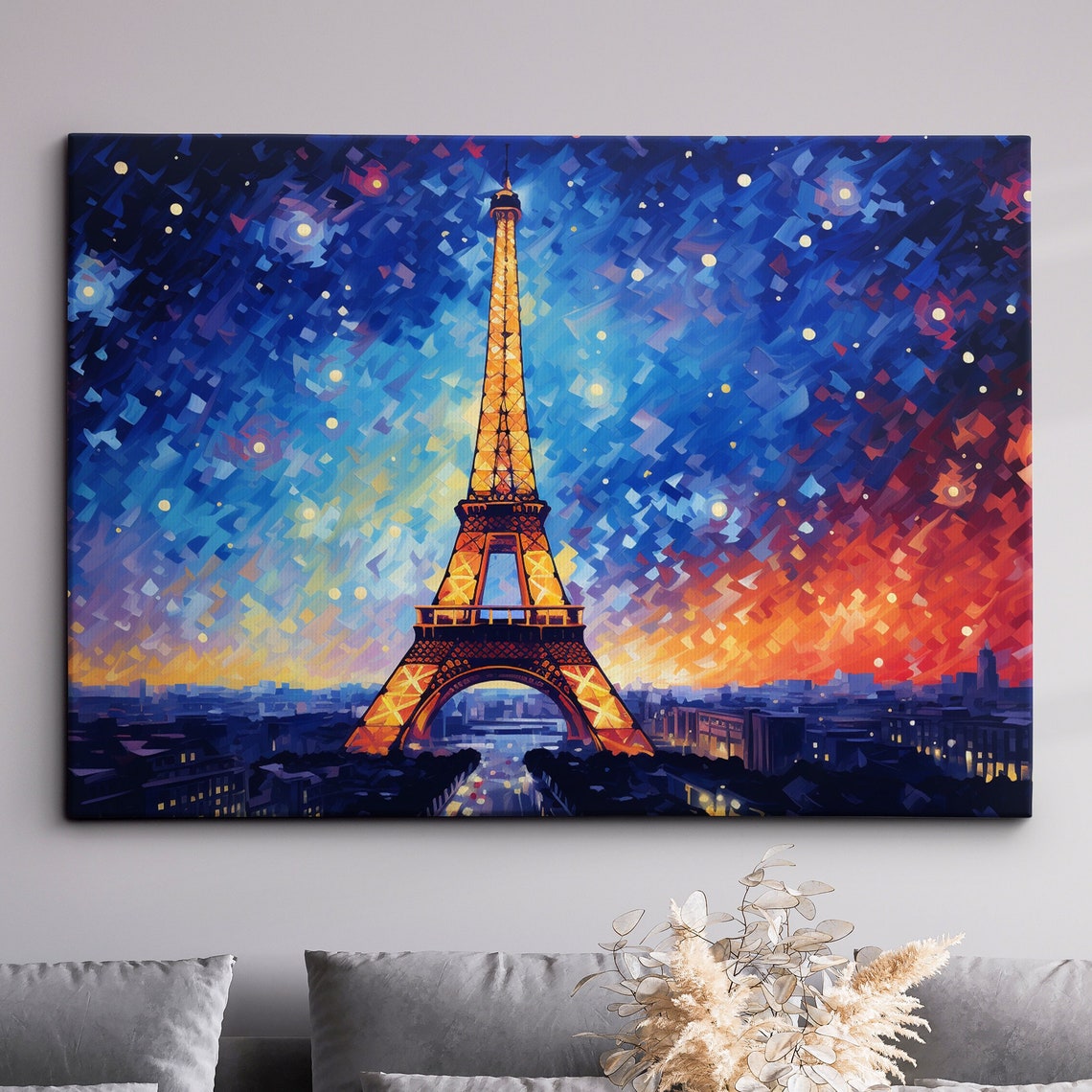 Eiffel Tower Paris Starry Night Mosaic Abstract Painting Wall Art