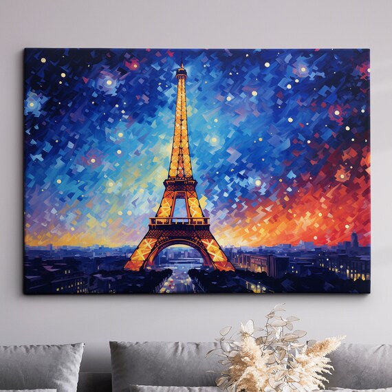 Eiffel Tower Paris France Starry Night Painting Abstract Art Wall Framed Canvas Poster Print Home Kitchen Office Room Decor Gifts