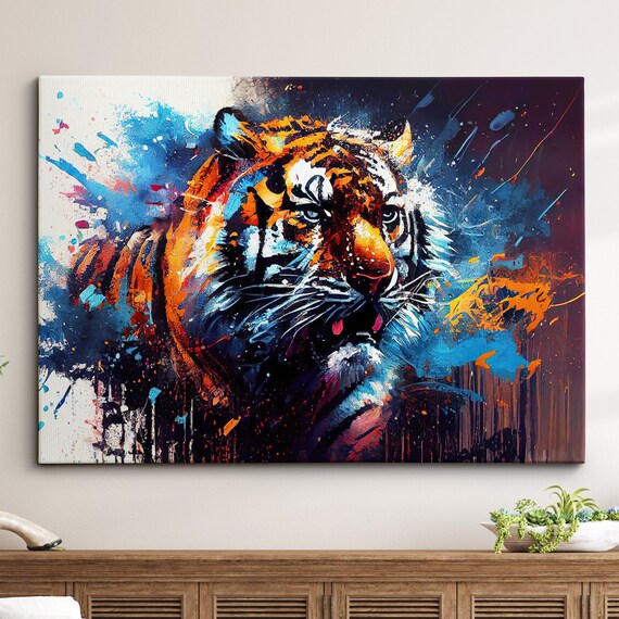 Tiger Animal Abstract Modern Jungle Wild Oil Painting Splatter Style Wall Art Framed Canvas Poster Print Homeoffice Room Decor Gifts