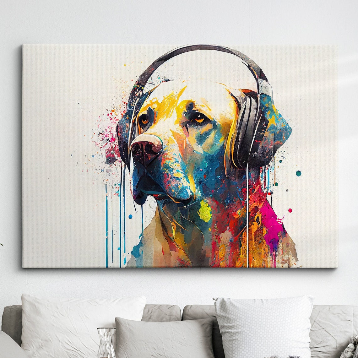 Golden Retriever With Headphones Abstract Modern Painting Wall Art Framed Canvas Poster Print Homeoffice Room Decor Gifts