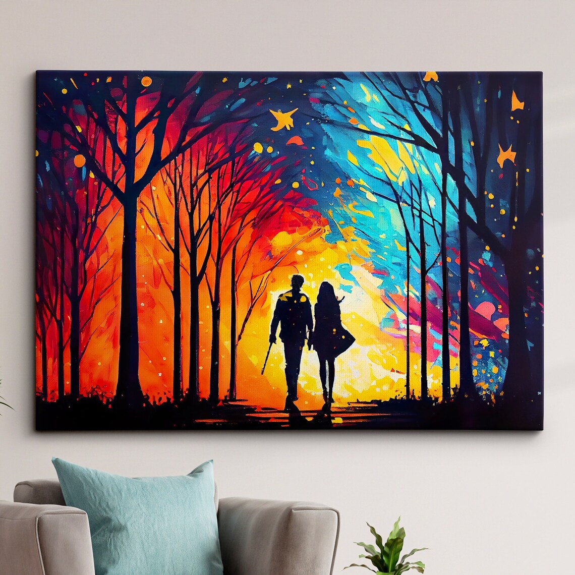 Couple Walking Starry Night Colorful Forest Silhouette Art Print
