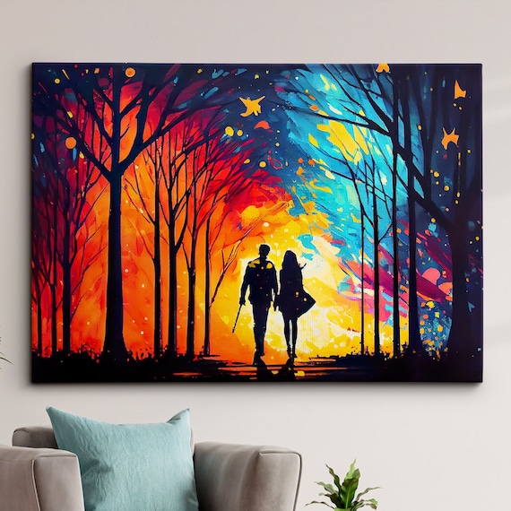 Couple Walking Starry Night Colorful Forest Silhouette Art Print