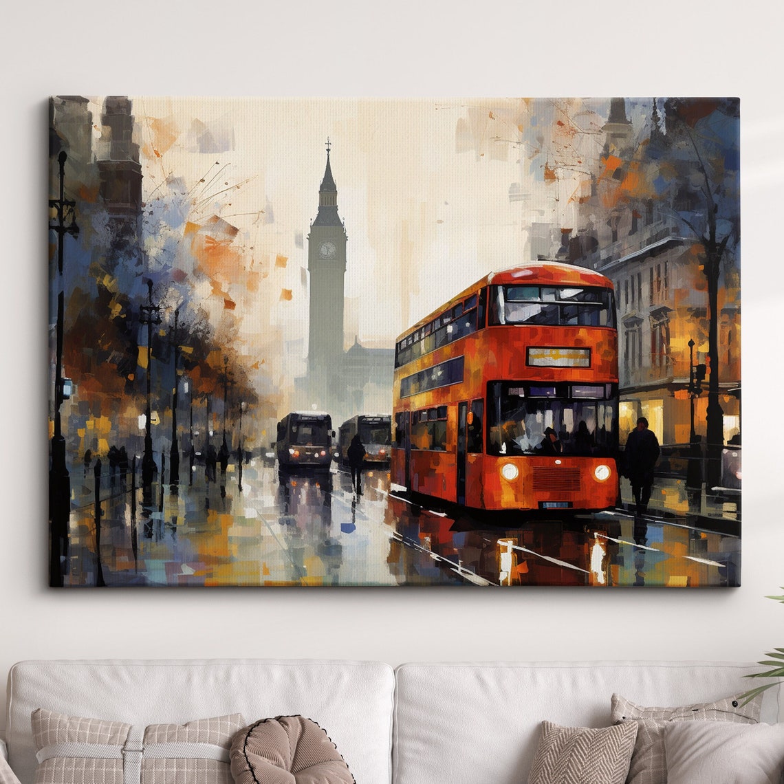 London Big Ben Red Double Decker Bus Rainy Street Art Poster