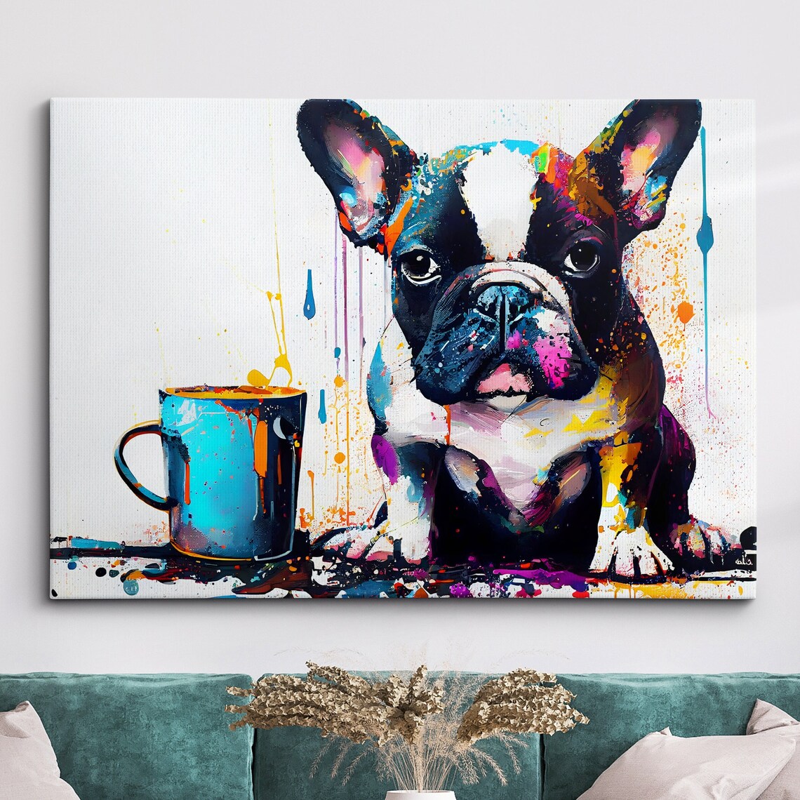 French Bulldog Puppy with Blue Coffee Mug Fun Splatter Poster