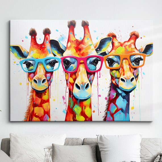 Colorful Giraffe Family Glasses Abstract Oil Painting Style Wall Art Framed Canvas Poster Print Home Kitchen Office Room Decor Gifts