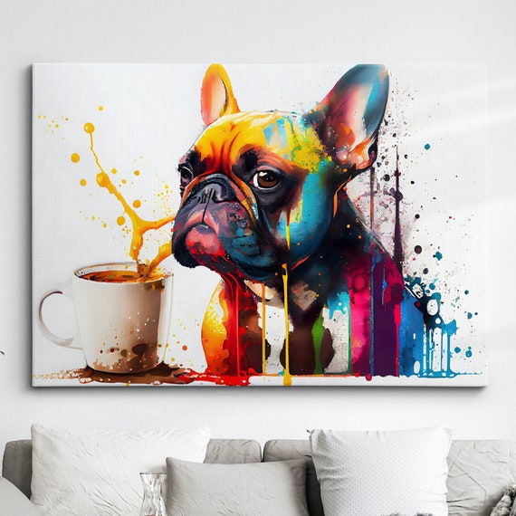 French Bulldog With Coffee Mug Dog Pet Abstract Modern Painting Wall Art Framed Canvas Poster Print Home Kitchen Office Room Decor Gifts