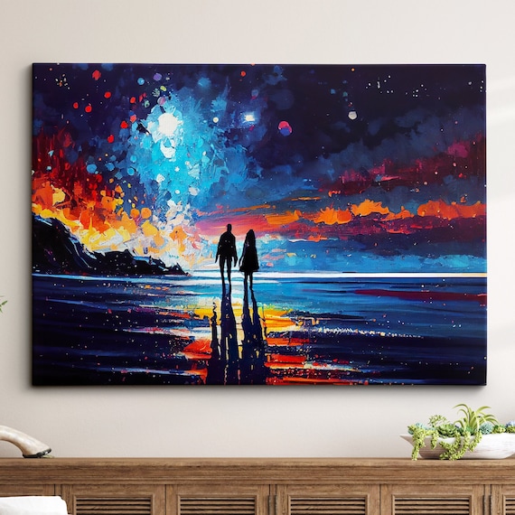 Couple Walking Beach Starry Night Abstract Oil Painting Style Wall Art Framed Canvas Poster Print Home Kitchen Office Room Decor Gifts