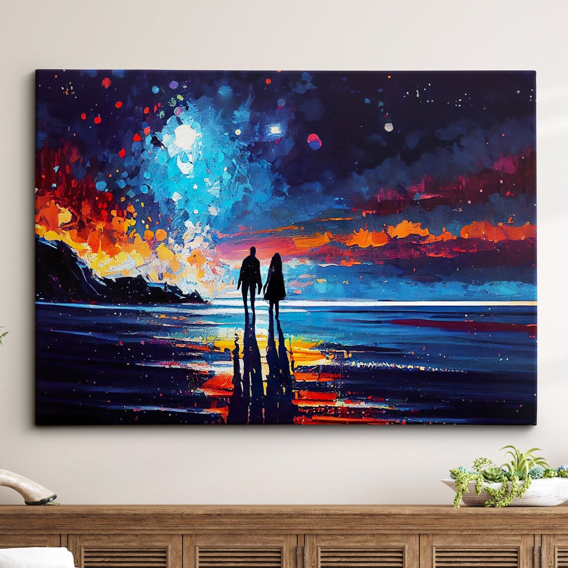 Romantic Couple Silhouette Beach Sunset Abstract Ocean Art Poster
