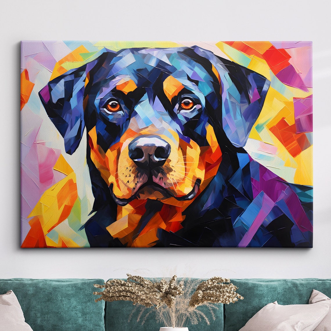 Vibrant Geometric Rottweiler Dog Portrait Bold Pop Art Poster