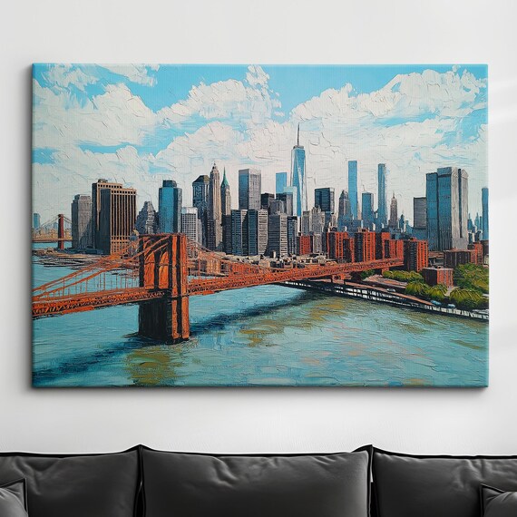Brooklyn Bridge Over East River Oil Painting Poster Manhattan Skyline
