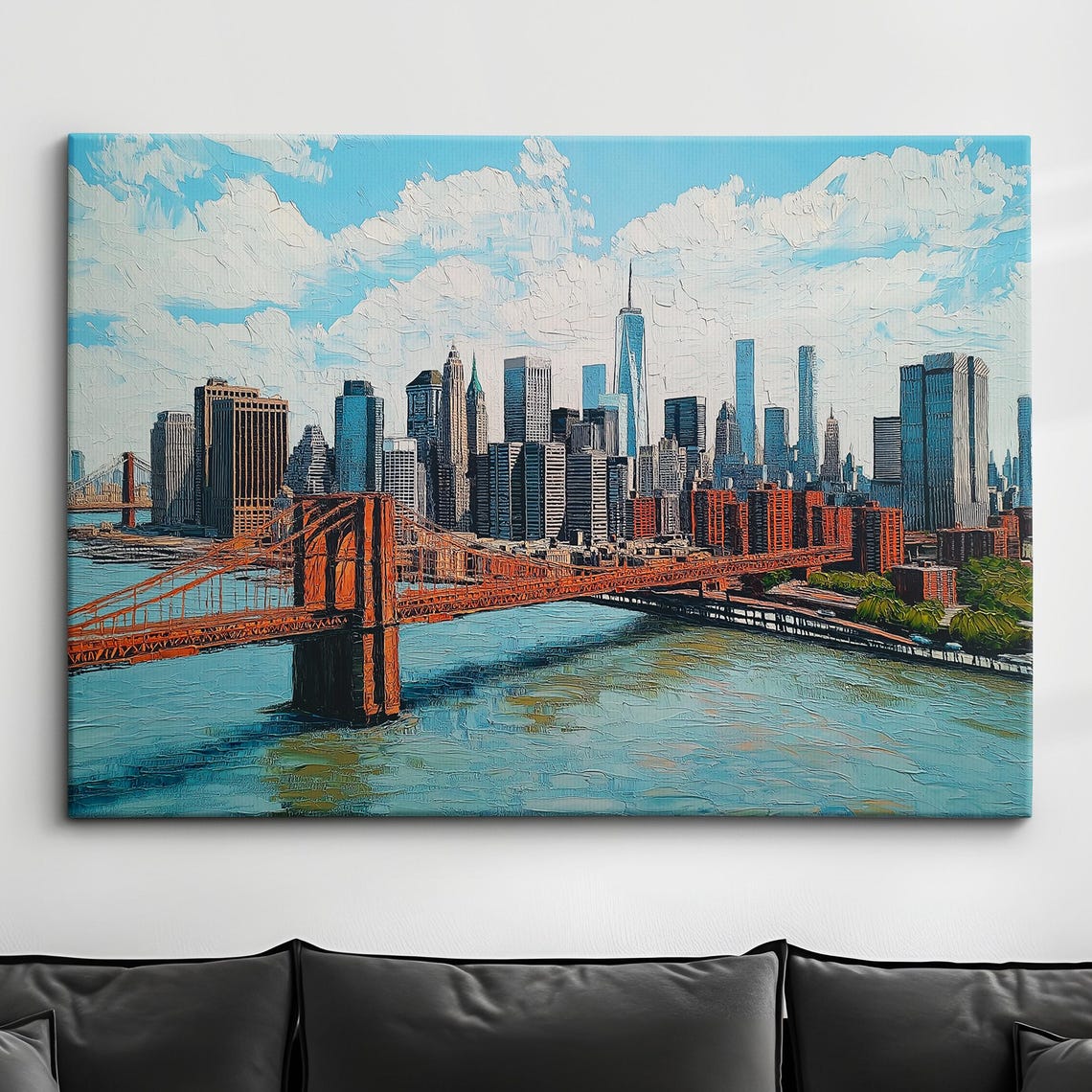 New York City Bridges Skyline Tourist Landmark Oil Painting Style Wall Art Framed Canvas Poster Print Homeoffice Room Decor Usa Gifts