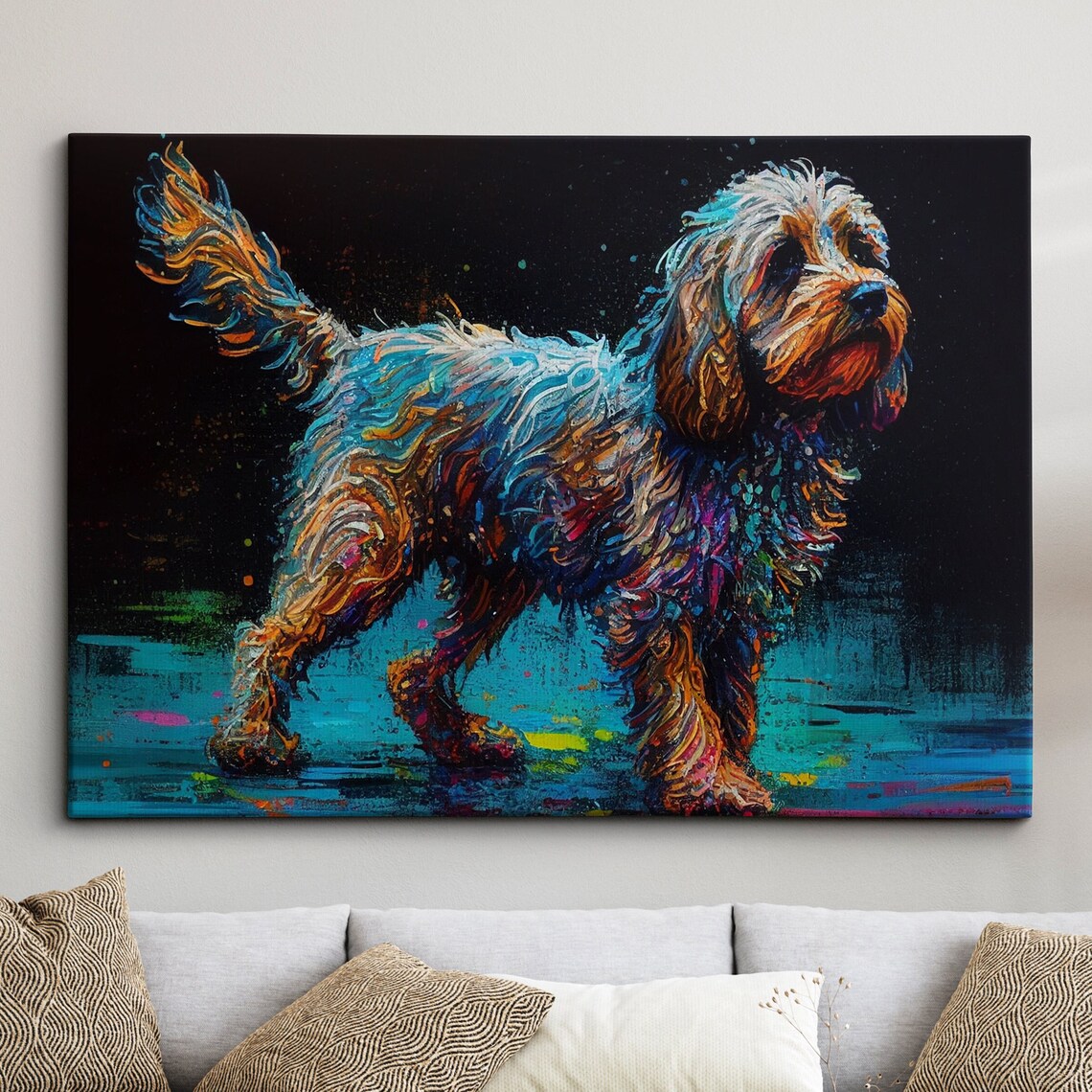 Colorful Cockapoo Dog Impasto Painting Curly Pup Canvas Art Poster