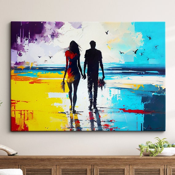 Couple Walking On The Beach Abstract Oil Painting Style Wall Art Framed Canvas Poster Print Home Kitchen Office Room Decor Gifts