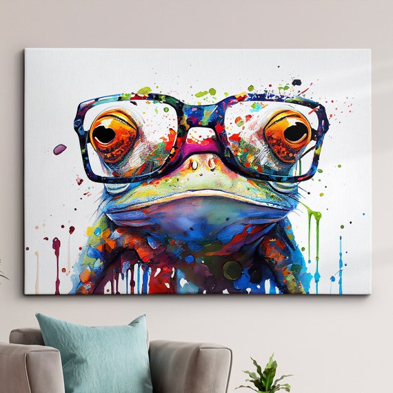 Fun Unique Frog With Glasses Abstract Modern Painting Wall Art Framed Canvas Poster Print Home Kitchen Office Room Decor Gifts