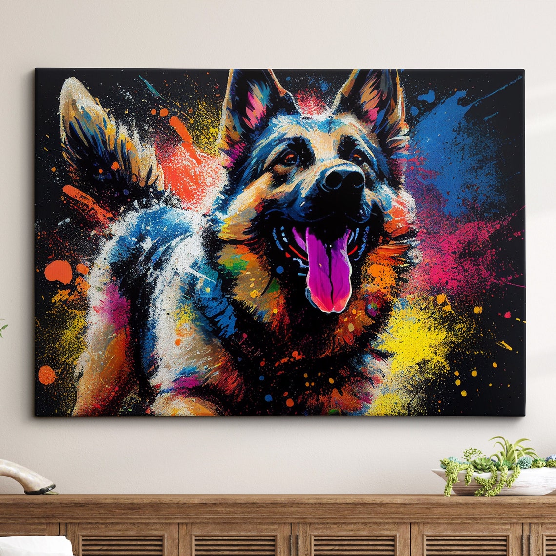 German Shepherd Splatter Painting Happy Dog On Black Wall Art