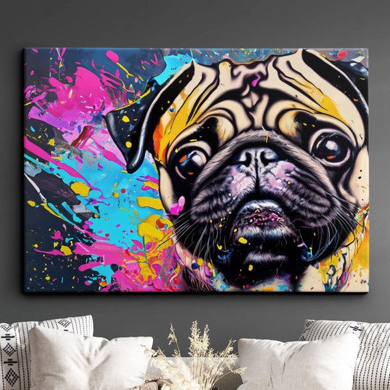 Pug Puppy Dog Animal Abstract Oil Painting Splatter Dripping Style Wall Art Framed Canvas Poster Print Home Kitchen Office Room Decor