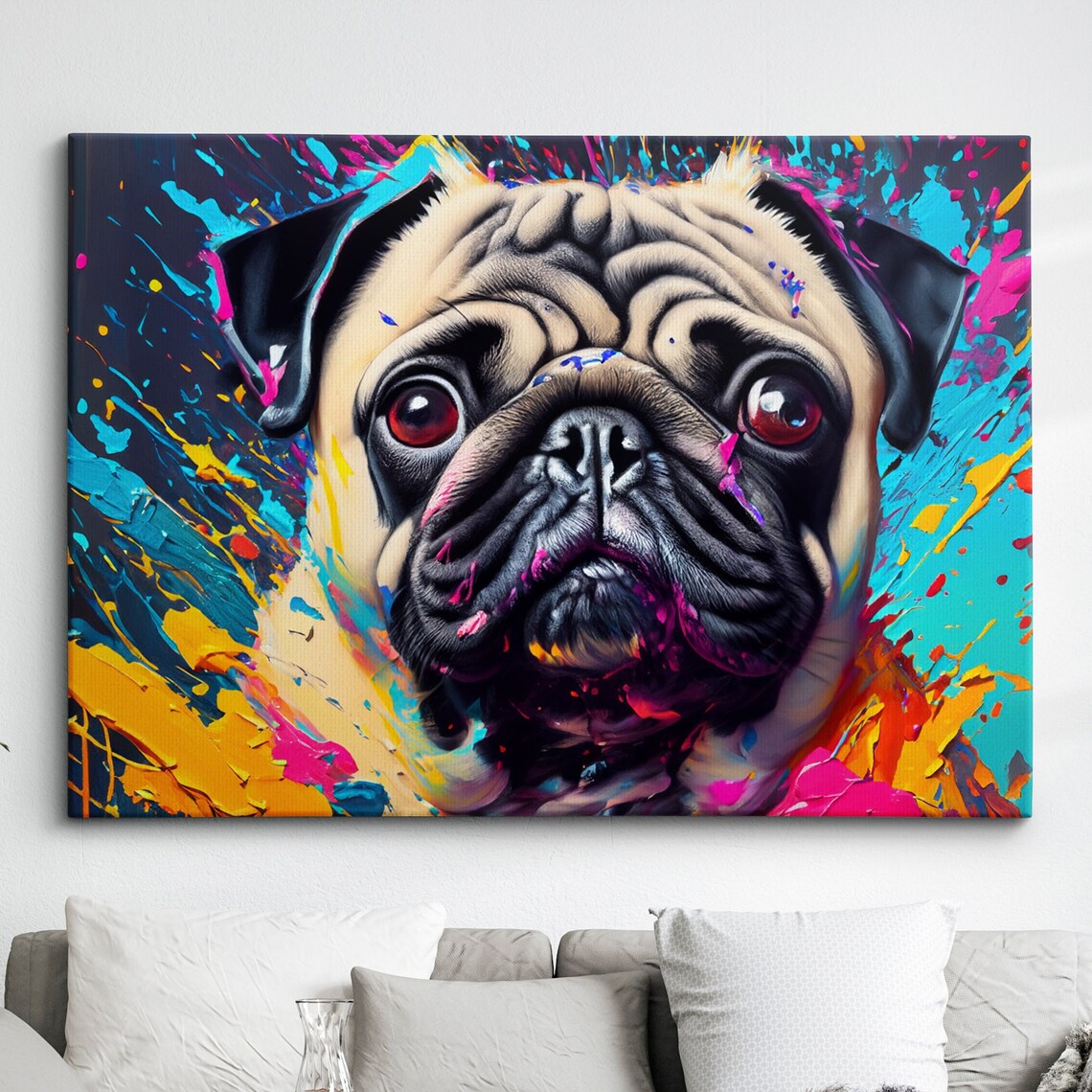 Pug Puppy Close Up Turquoise Splatter Background Modern Pet Wall Art