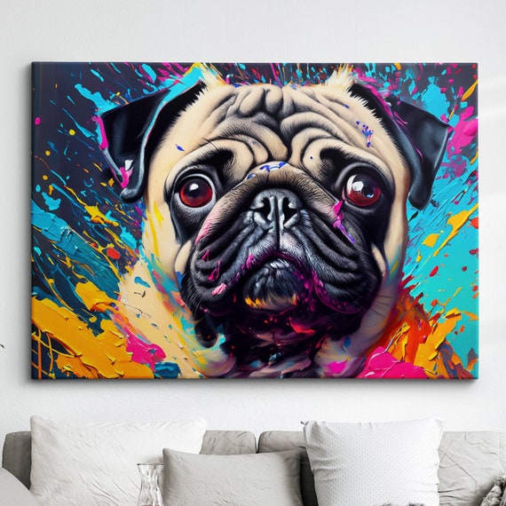 Pug Puppy Dog Animal Abstract Oil Painting Splatter Dripping Style Wall Art Framed Canvas Poster Print Home Kitchen Office Room Decor