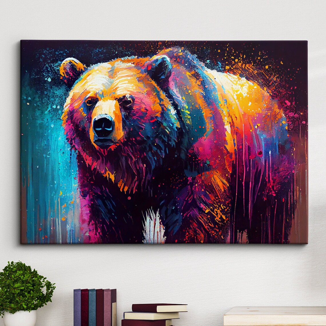 Grizzly Bear Colorful Splatter Abstract Painting on Dark Wall Art