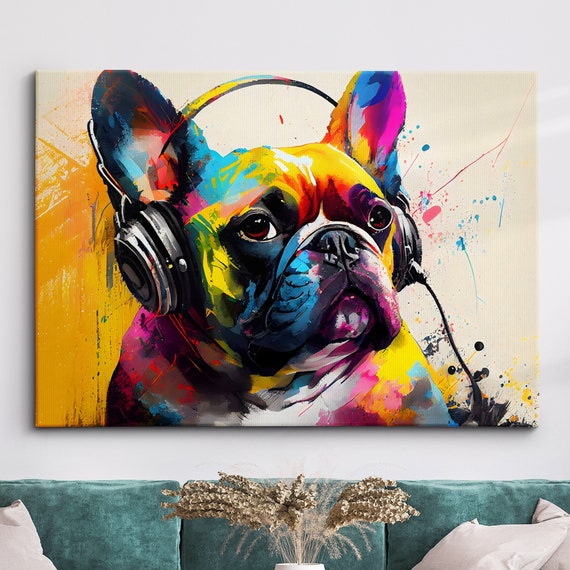 French Bulldog Headphones Dog Pet Abstract Modern Painting Wall Art Framed Canvas Poster Print Home Kitchen Office Room Decor Gifts