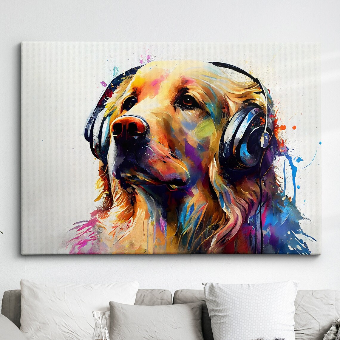 Golden Retriever Wearing Headphones Colorful Music Dog Wall Art