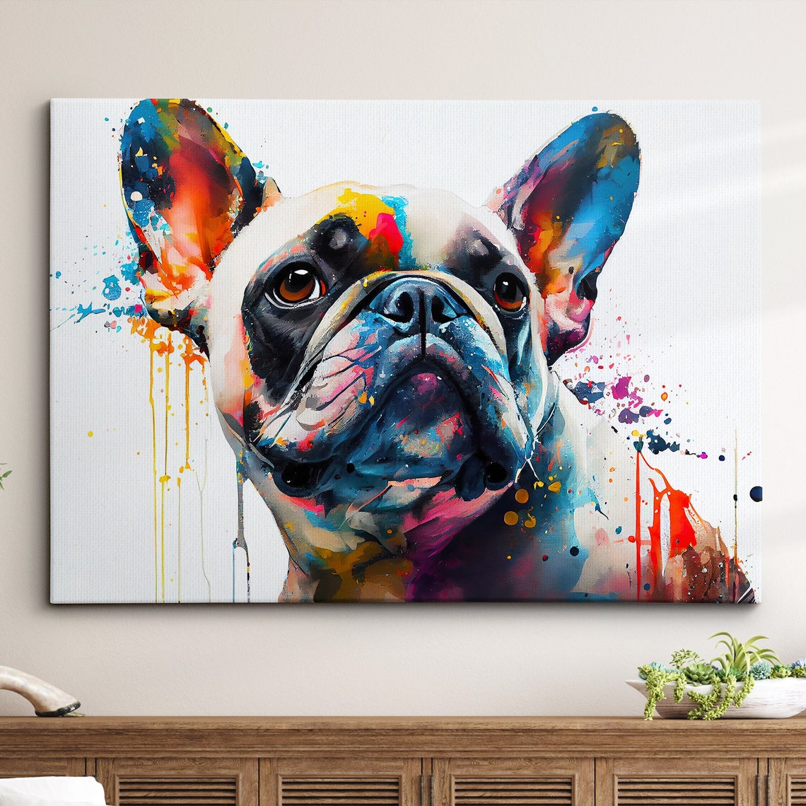 Colorful French Bulldog Dog Pet Abstract Modern Oil Painting Wall Art Framed Canvas Poster Print Home Kitchen Office Room Decor Gifts