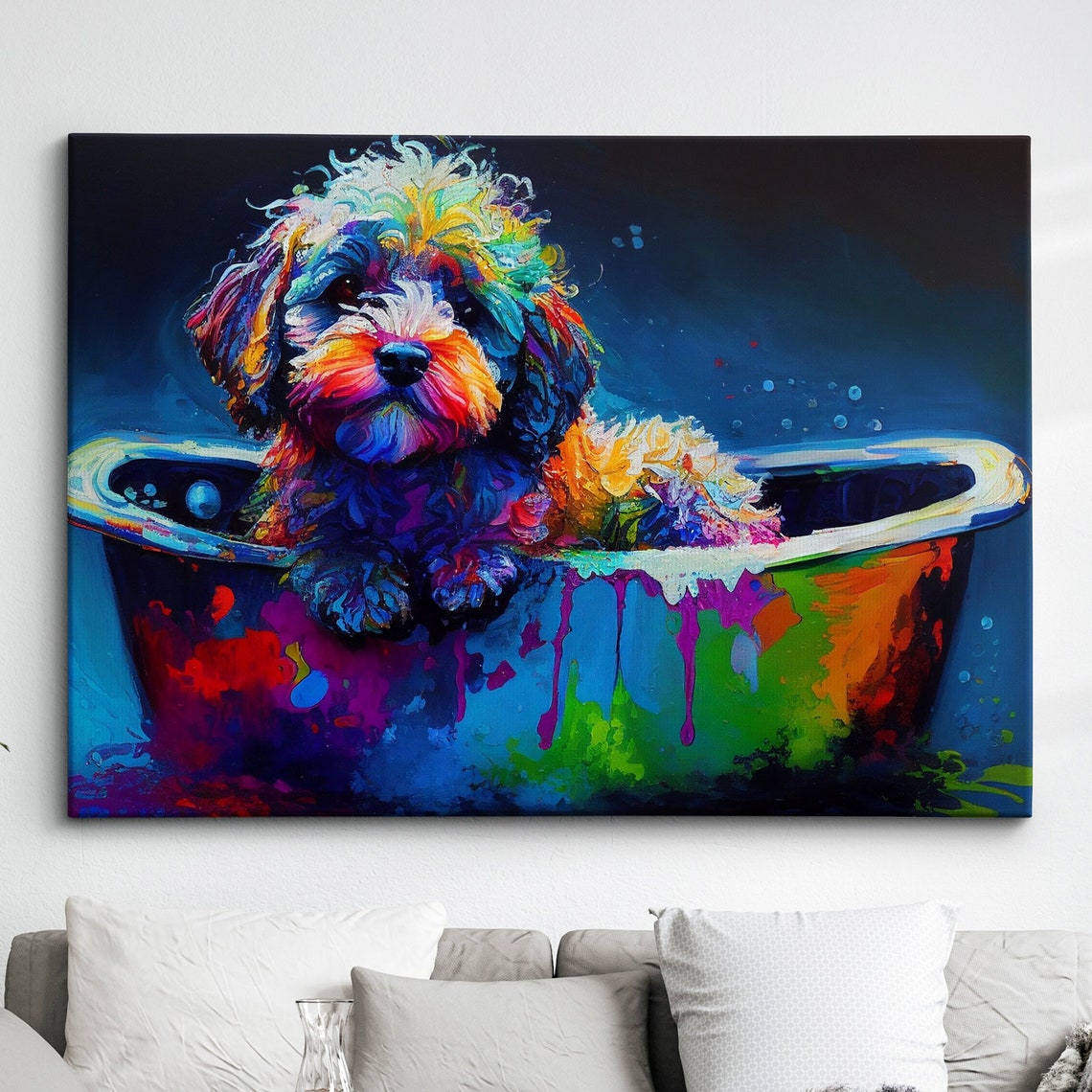 Cockapoo Puppy Bath Time Colorful Paint Tub Funny Dog Art Poster
