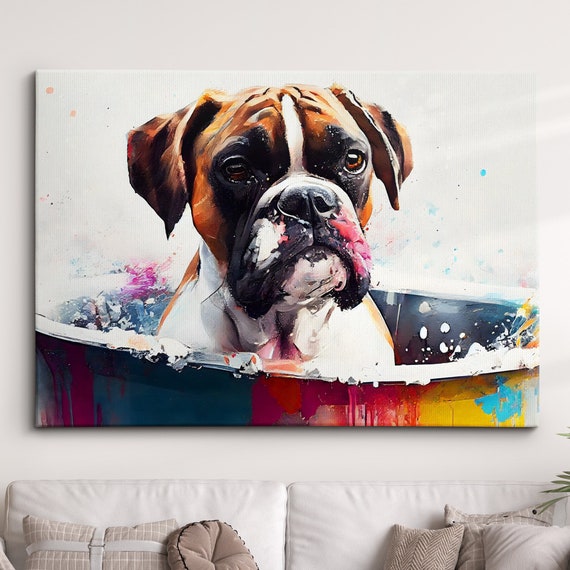 Boxer In Bathtub Abstract Dog Pet Animal Painting Splatter Wall Art Framed Canvas Poster Print Home Kitchen Office Room Decor Gifts