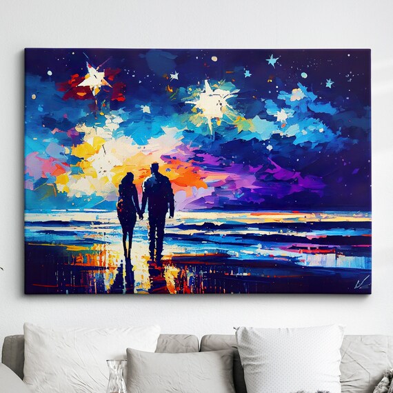 Couple Holding Hands Under Sparkling Starry Blue Ocean Sky Wall Art