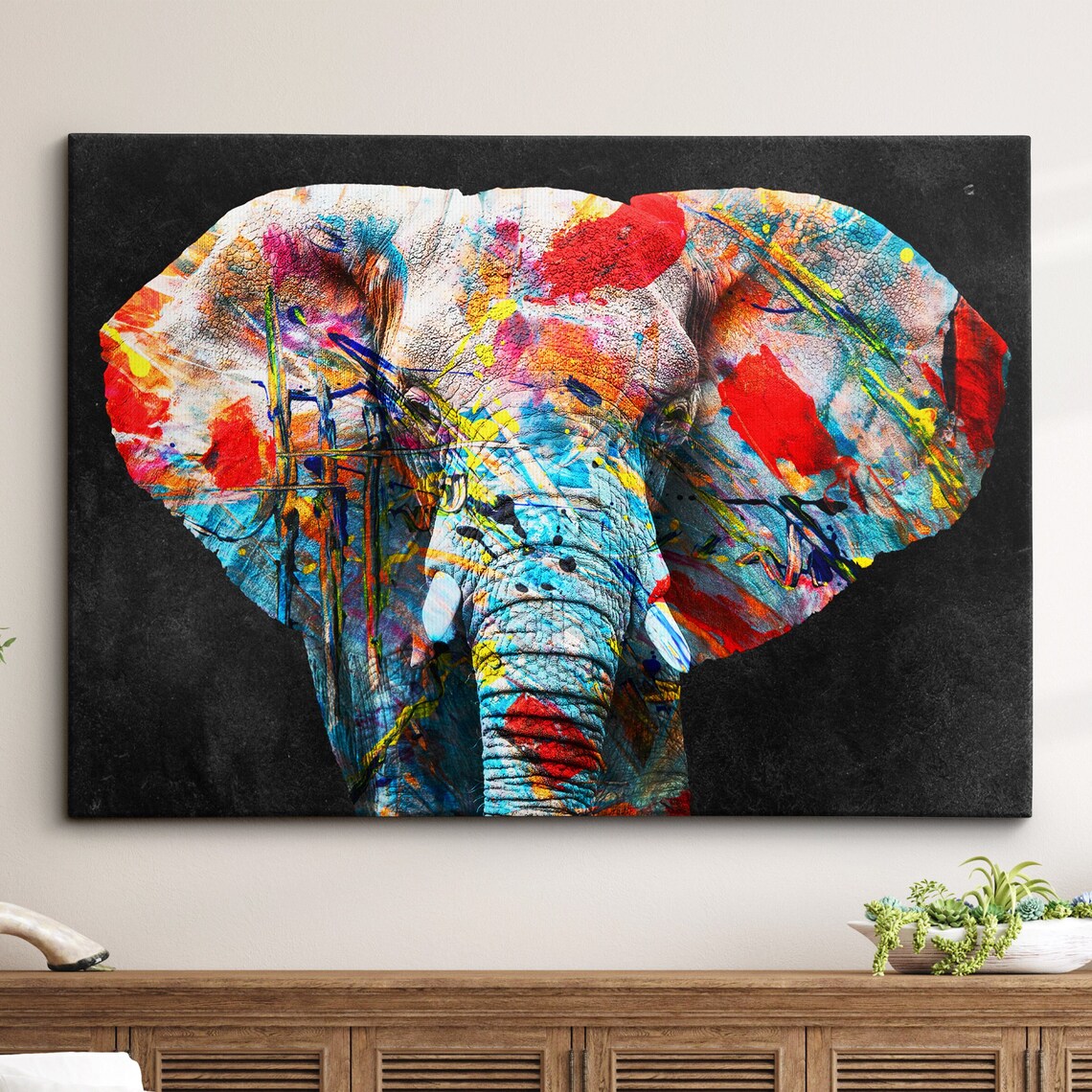 Elephant Painting Splatter Style Abstract Modern Wall Art Framed Canvas Poster Print Home Kitchen Office Room Decor Gifts