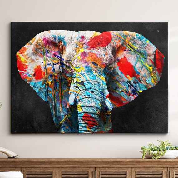 Elephant Painting Splatter Style Abstract Modern Wall Art Framed Canvas Poster Print Home Kitchen Office Room Decor Gifts