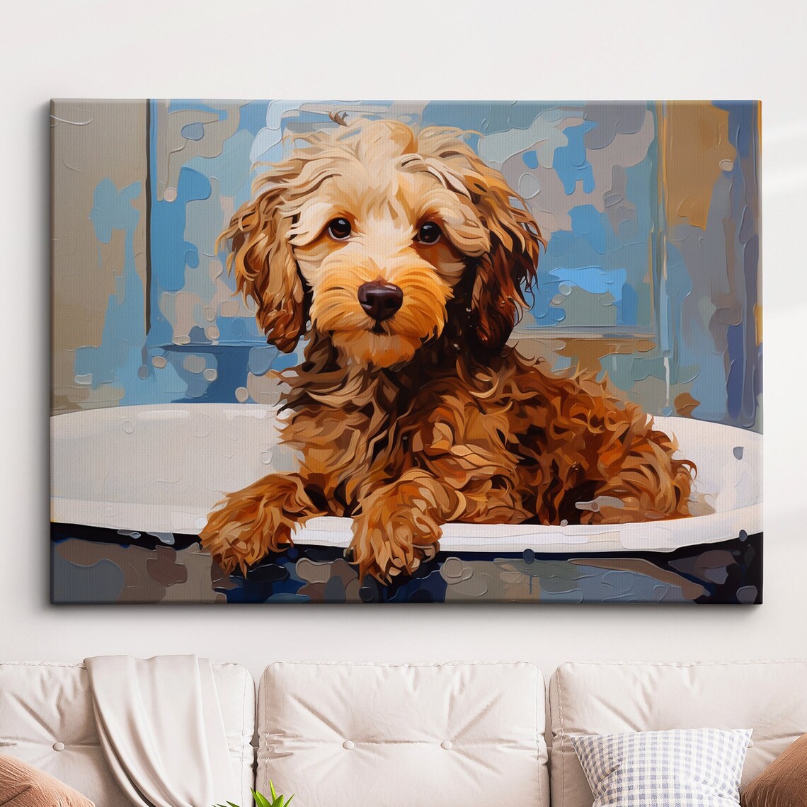 Curly Puppy in Bathtub Playful Oil Painting Modern Dog Wall Art