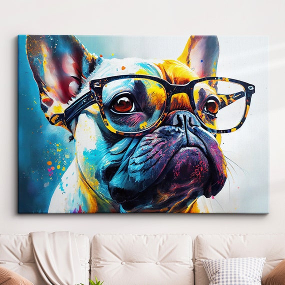 French Bulldog With Glasses Dog Pet Abstract Modern Painting Wall Art Framed Canvas Poster Print Home Kitchen Office Room Decor Gifts
