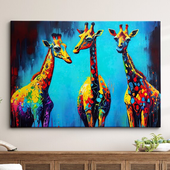 Colorful Giraffe Family Group Abstract Oil Painting Style Wall Art Framed Canvas Poster Print Home Kitchen Office Room Decor Gifts