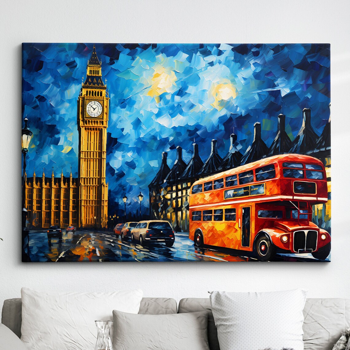 London Big Ben Red Bus Parliament Landmark Oil Painting Style Wall Art Framed Calming Canvas Poster Print Homeoffice Room Decor Gifts